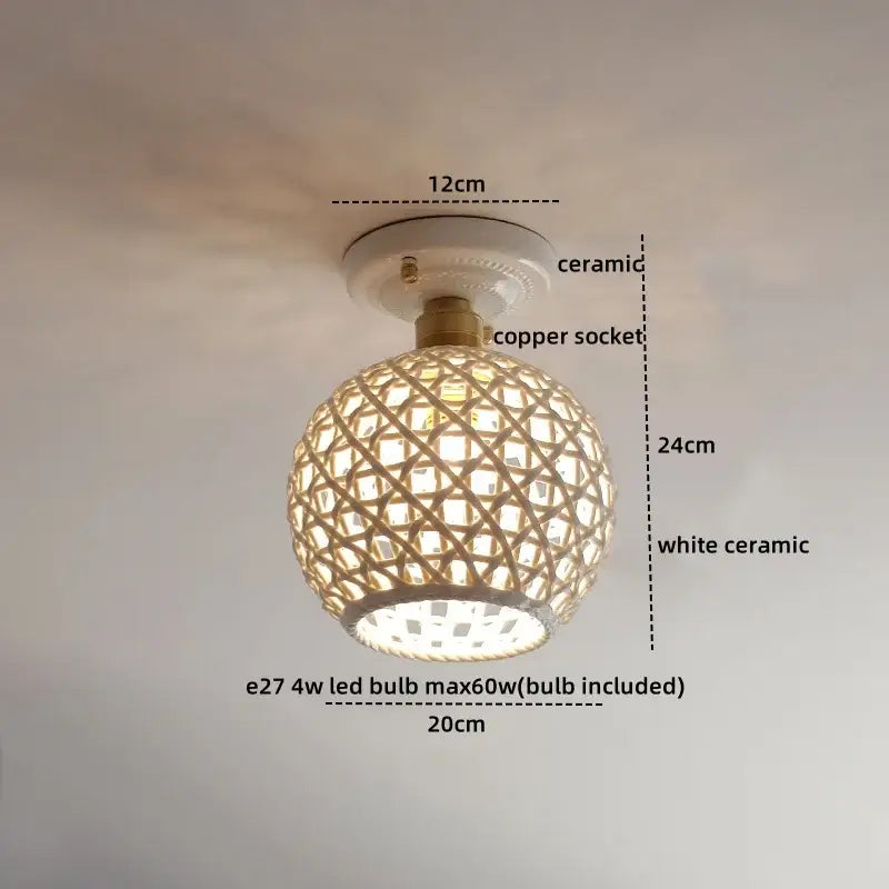 Modern hollow white and gold ceramic led ceiling light with spherical woven bamboo shade for living room decorbites ceramic led
