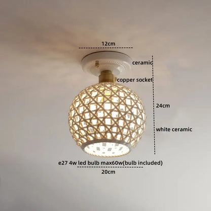 Modern hollow white and gold ceramic led ceiling light with spherical woven bamboo shade for living room decorbites ceramic led
