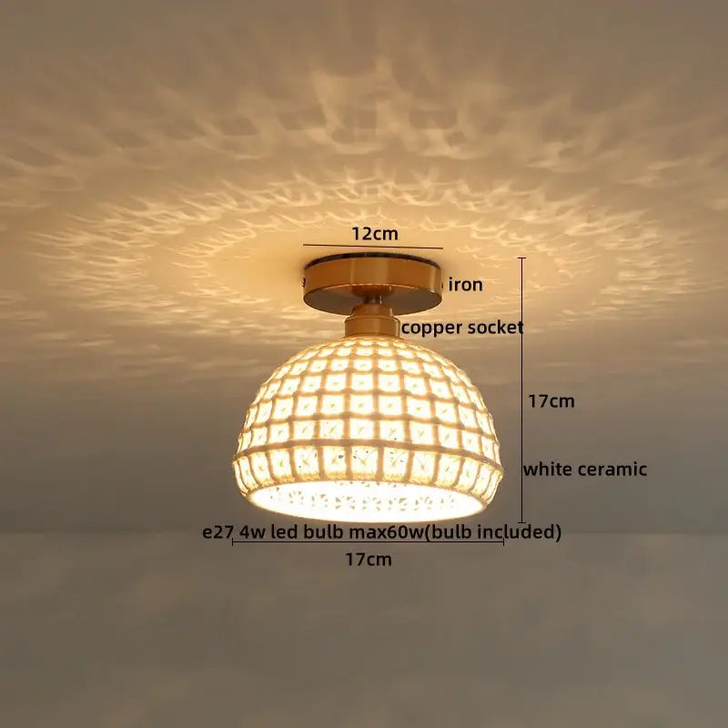 Gold-toned ceiling lights with a white ceramic dome and grid of embedded crystals decorbites ceramic led ceiling fixture