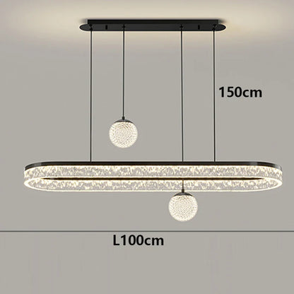 Modern black-framed oval pendant light with crystal edges and two spherical globe fixtures for indoor living room decor