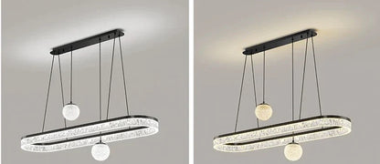 Modern black metal chandelier with oval frame encrusted in clear crystal beads and two spherical glass globe led lights