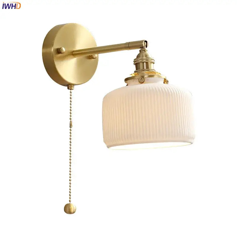 Modern honeycomb brass ceramic led wall sconce with gold finish ribbed off-white glass shade and pull-chain switch decorbites ceramic led