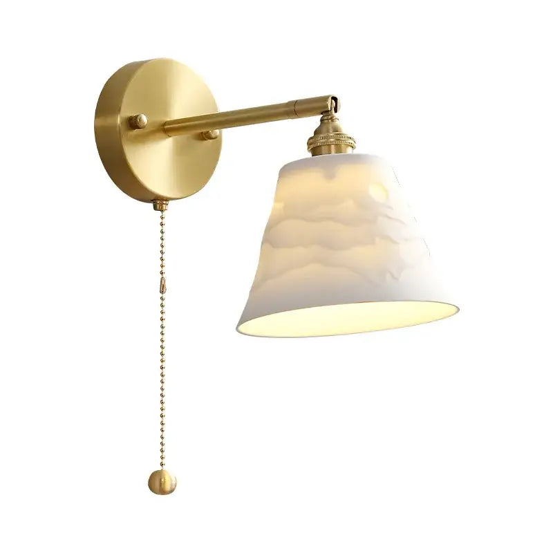 Modern honeycomb brass ceramic led wall sconce with gold finish textured white ceramic shade and pull-chain switch