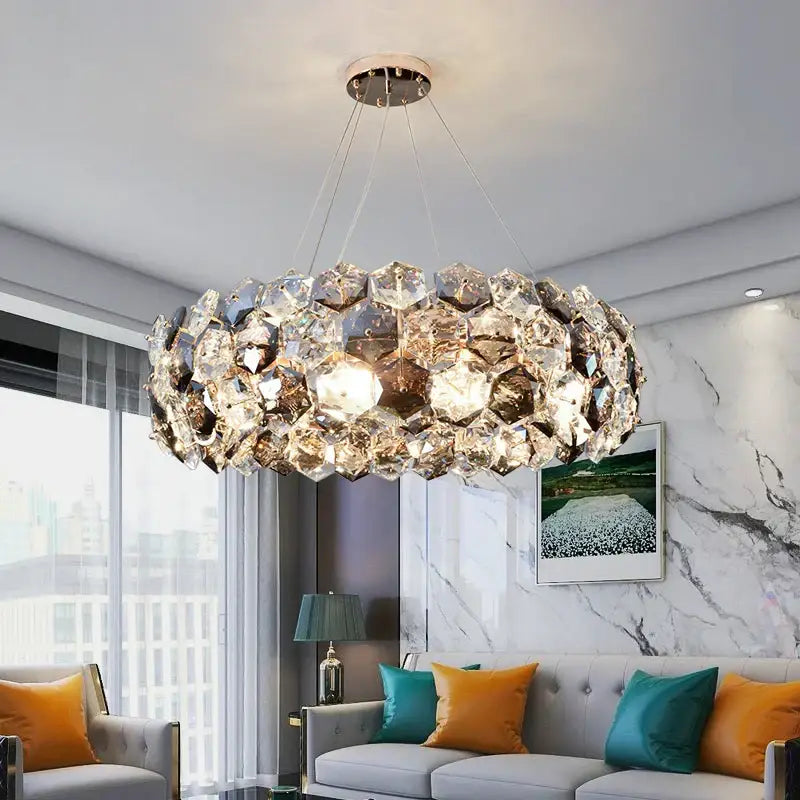 Modern honeycomb crystal wrought iron chandelier with faceted crystals in a circular design for dining room decorbites crystal wrought iron