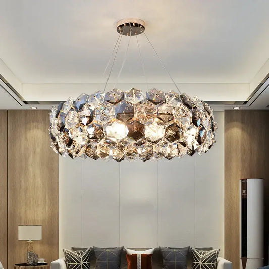 A modern honeycomb crystal wrought iron chandelier featuring faceted crystals for dining room lighting decorbites crystal wrought