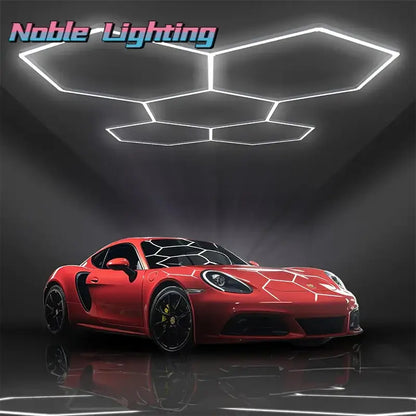 Red porsche sports car with glossy finish and black honeycomb accents featured alongside modern honeycomb hexagon led ceiling light decorbites hexagon led
