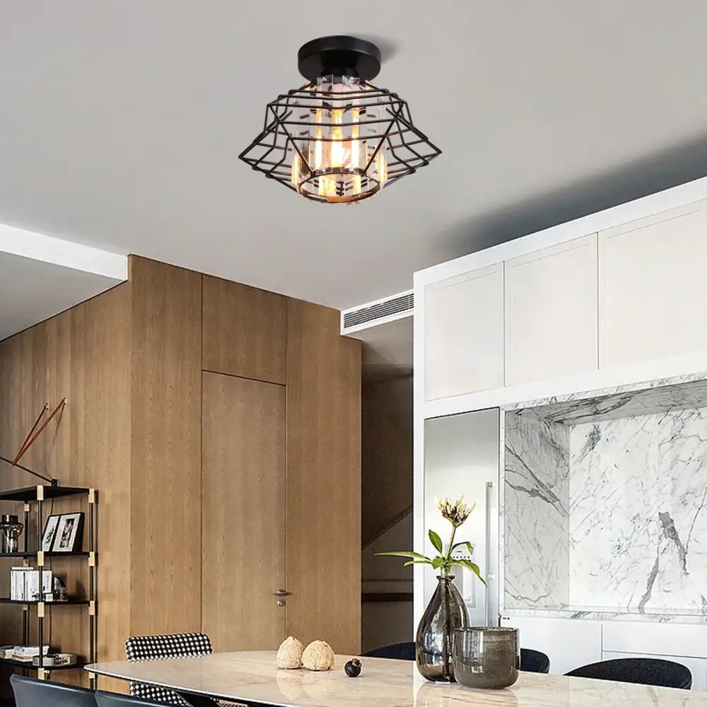 Modern industrial black metal cage ceiling light with exposed filament bulbs for decorbites crystal ceiling chandelier use