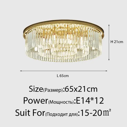 Gold-toned circular decorbites crystal ceiling chandelier with cascading clear crystal prisms for dining room lighting