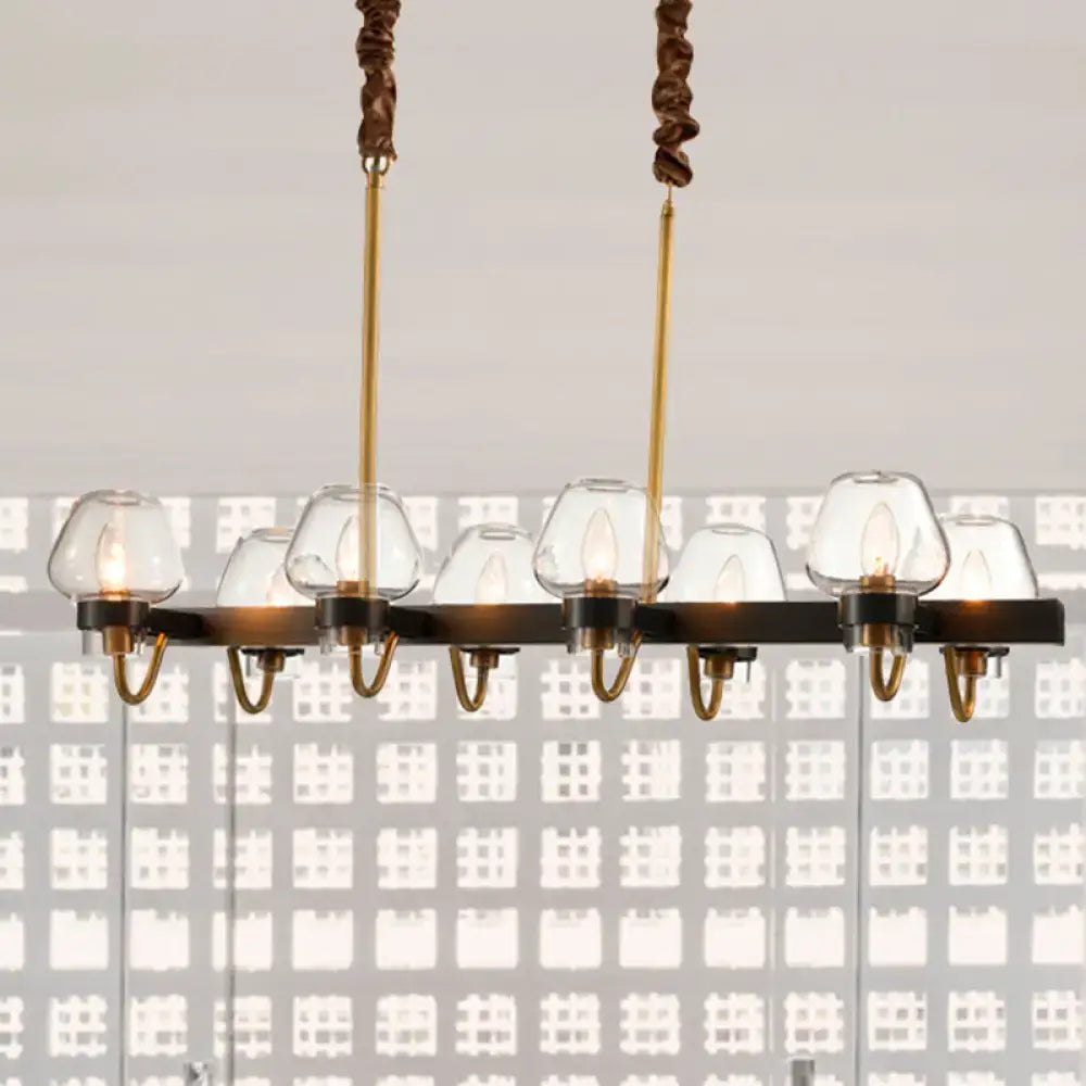 DecorBites™ modernist dome island chandelier with black metal frame, six clear glass globes, and gold brass accents for 220v-240v use