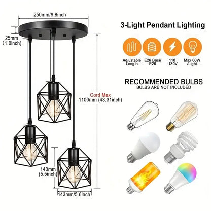 Modern industrial black metal finish pendant chandelier with geometric cage and three hanging bulbs for dining room