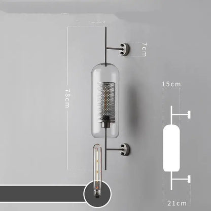 Modern industrial chrome glass wall light with clear glass cylinder and black metal arms for living room decorbites glass industrial style