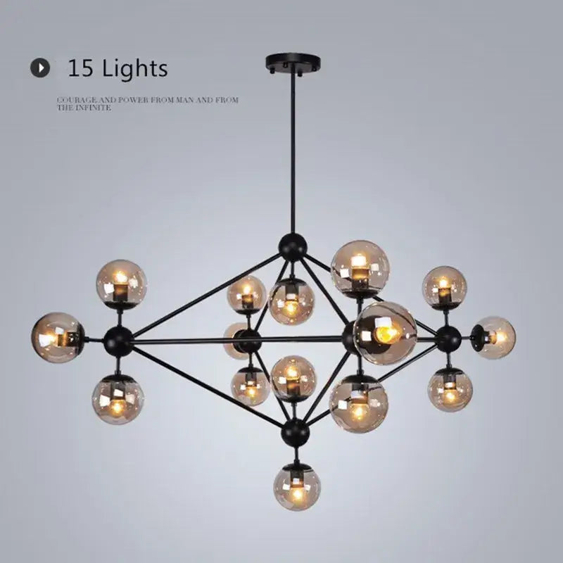 Black metal modern industrial pendant light with 15 amber glass bean globes by decorbites for living room decor
