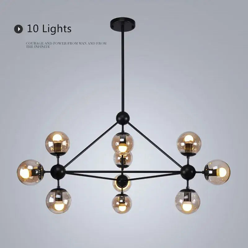 Modern industrial black metal pendant light with ten warm glass bean globes in a geometric decorbites glass bean design