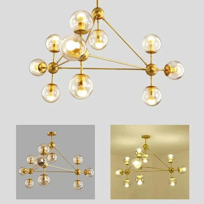 Gold-toned modern industrial pendant light with glass bean globe bulbs in geometric decorbites glass bean design