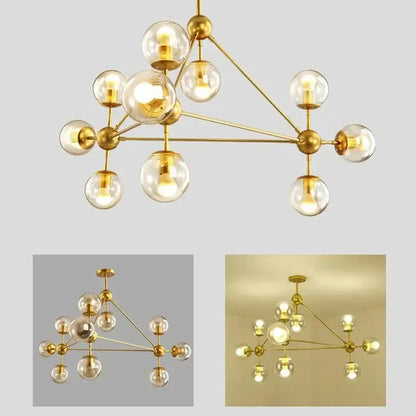 Gold-toned modern industrial pendant light with glass bean globe bulbs in geometric decorbites glass bean design