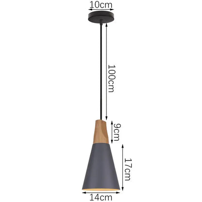 Modern industrial gray pendant light with matte black metal mount, dark gray conical shade, and natural wood top for living room decorbites industrial gray