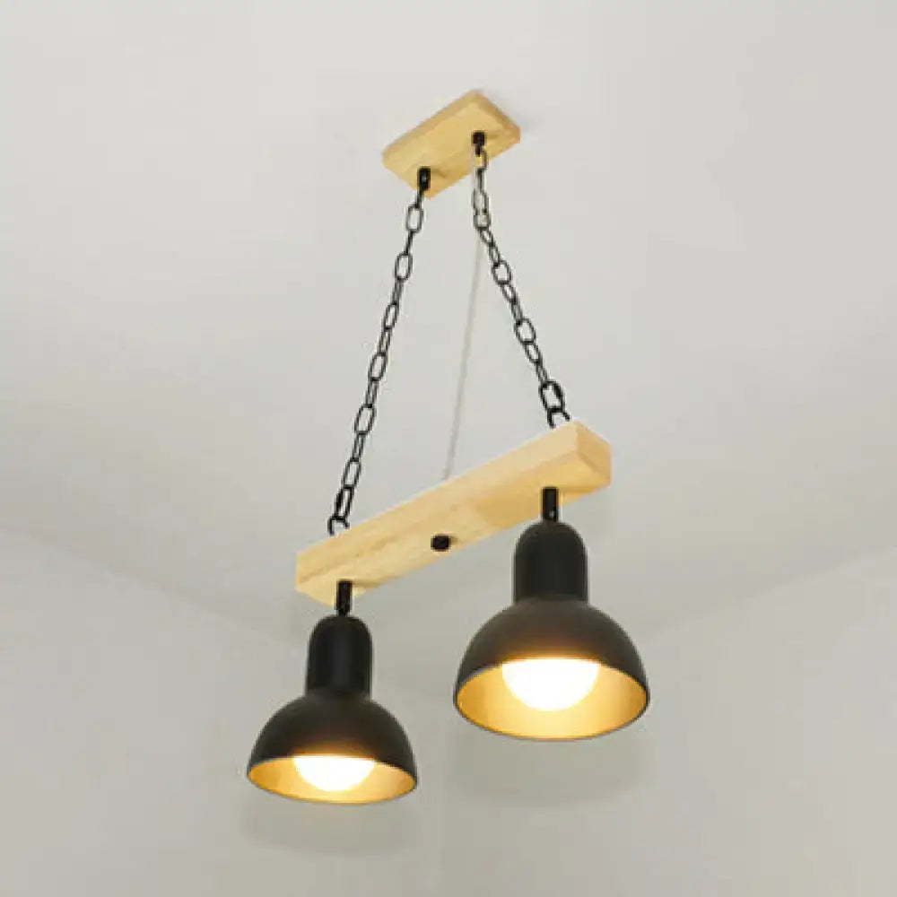 DecorBites modern black and white island light with two black metal shades and wooden beam for dining table illumination