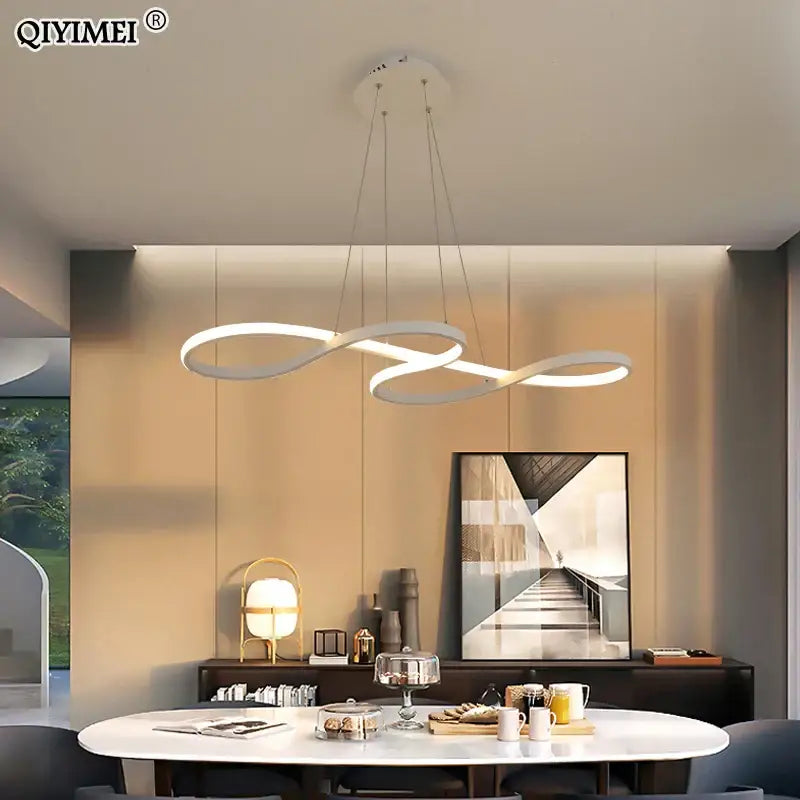 Modern white infinity loop gold led pendant light with sleek minimalist design by decorbites for dining room decor
