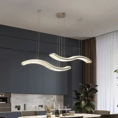 Modern interlocking decorbites crystal led ceiling chandelier with silver wavy pendant light and multiple hanging cords