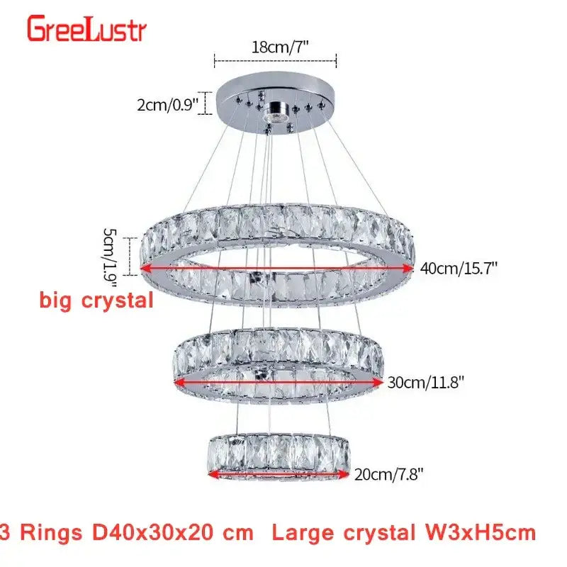 Modern chrome-finished three-tiered crystal led chandelier with cascading faceted big crystal rings for living room light