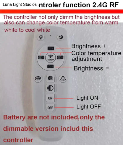 White plastic remote control with brightness and color temperature buttons for modern pendant lights dining room use