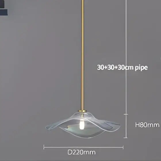 Modern iridescent glass plated pendant lamp with gold-finished pipe and clear leaf-shaped shade for kitchen lighting