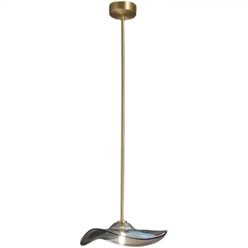 Modern iridescent glass plated pendant lamp with brass rod and curved translucent shade for kitchen lighting