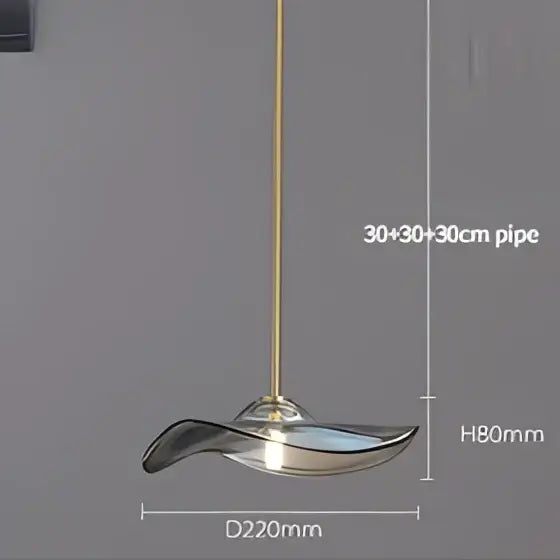 Modern iridescent glass plated pendant lamp with curved glass shade and brass-finished metal pipe for kitchen lighting
