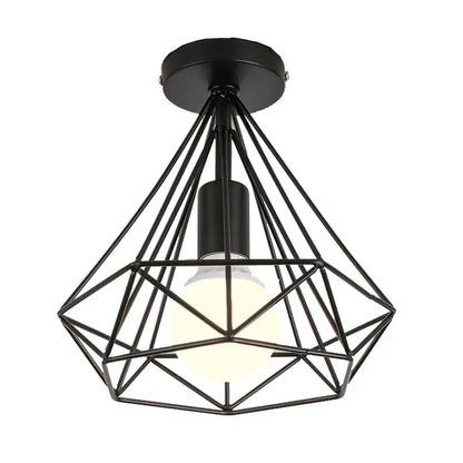 Modern iron cage ceiling lamp with black metal geometric decorbites iron cage and warm glowing bulb inside