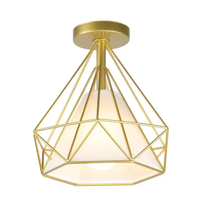 Gold geometric wireframe decorbites iron cage ceiling lamp with frosted white glass shade for modern kitchen decor