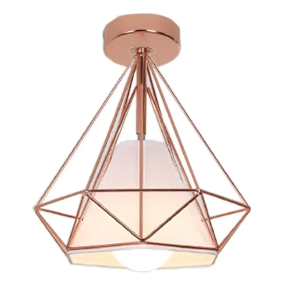 Rose gold decorbites iron cage ceiling lamp with geometric faceted frame and frosted glass shade for modern decor