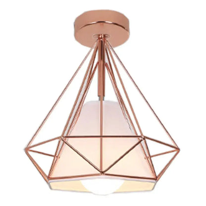 Rose gold decorbites iron cage ceiling lamp with geometric faceted frame and frosted glass shade for modern decor