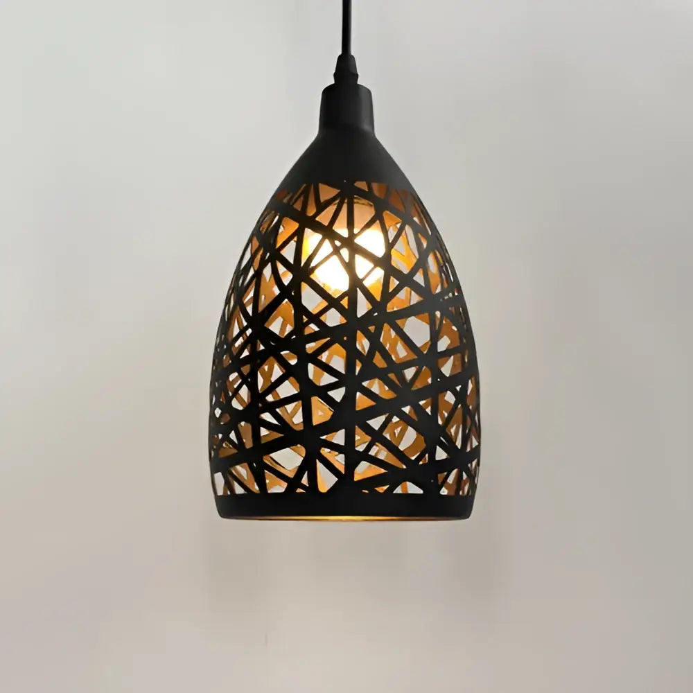 Modern black iron cage pendant light with intricate geometric cutout design for dining room decorbites iron cage