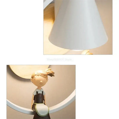 Modern iron led wall lamps with white conical lampshade and child figurine for bedroom decorbites iron led wall lighting