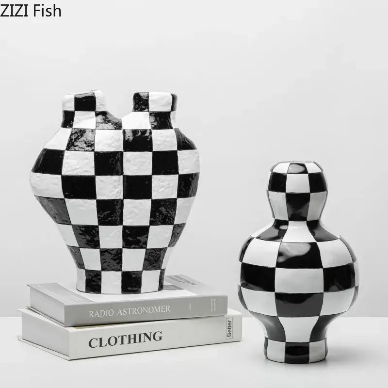 Modern irregular black and white check ceramic vases with glossy finish for room decor featuring white check pattern decorbites black white