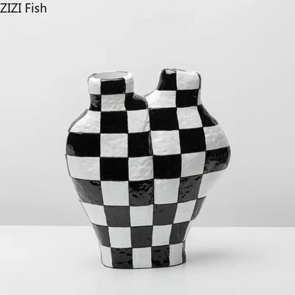 Modern irregular black and white check ceramic vase with two necks for elegant room decor by decorbites black white