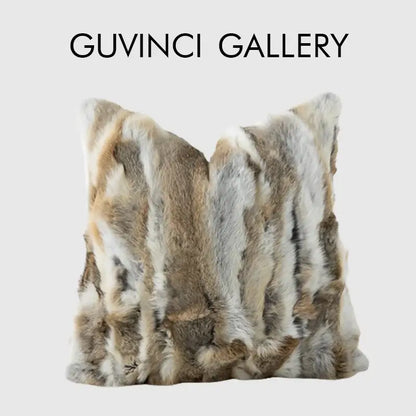 A modern ivory tawny rabbit fur pillow cover with vertical beige gray and white stripes for living room decorbites decor