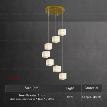 Modern copper and marble cloud stone square pendant light with seven cascading cubes for decorbites jade design living room