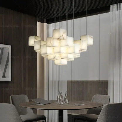 A modern decorbites jade design spiral alabaster chandelier with translucent white onyx cubes for living room lighting