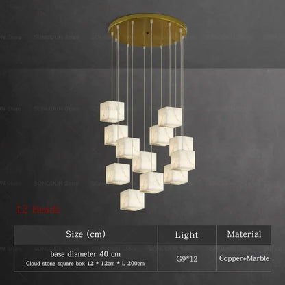 Modern jade design spiral alabaster chandelier with twelve square cloud stone lights and gold copper base for living room decorbites jade design