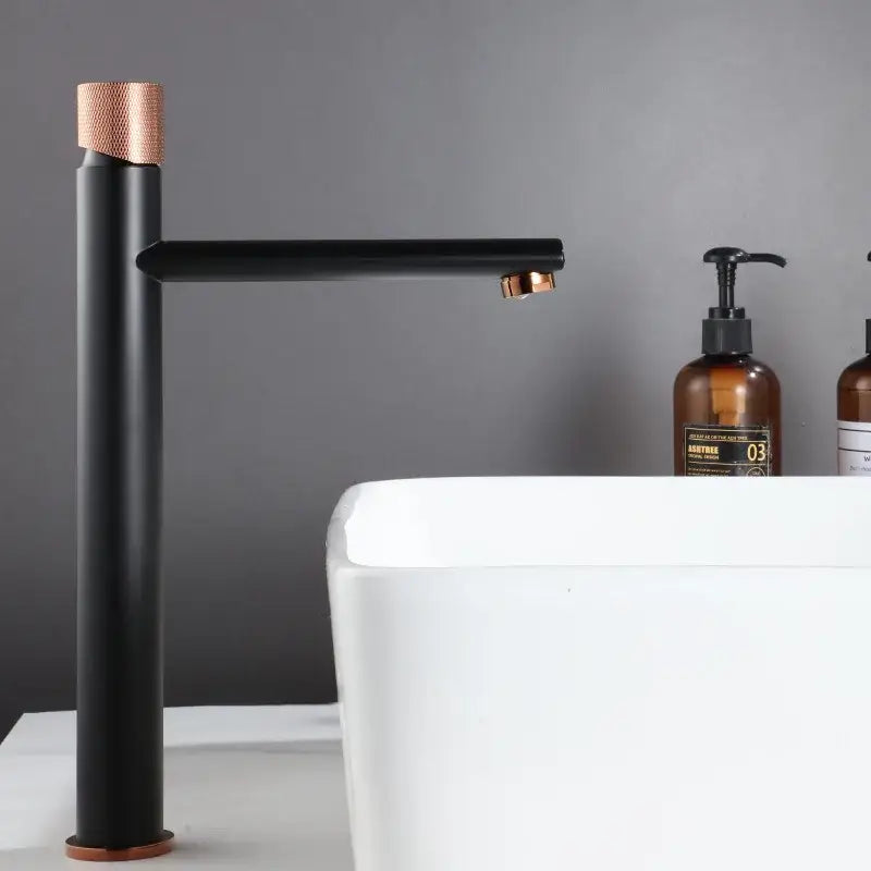 Modern knurled brushed gold basin faucet with black matte finish and rose gold accents for bathroom decorbites brushed gold design