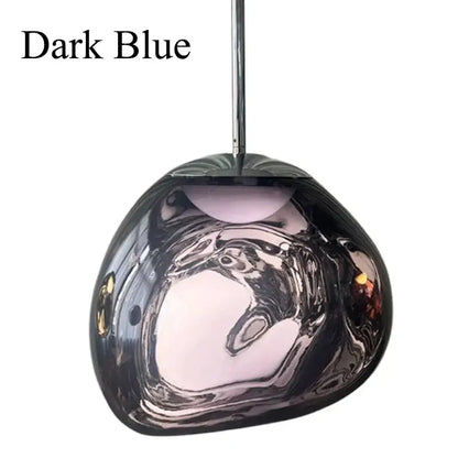 Dark blue glass pendant light with glossy swirling metallic finish and polished chrome finish for dining room