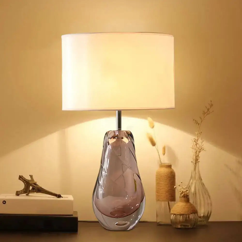 DecorBites handblown pear living room table lamp with sleek translucent lavender glass and white fabric drum shade