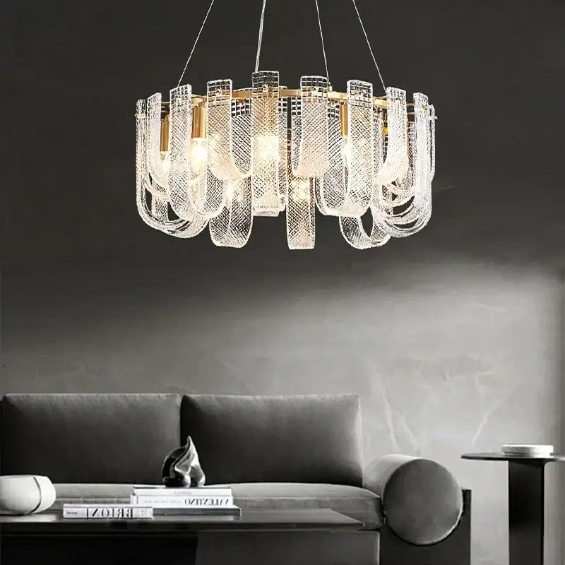 A modern ceiling chandelier with clear textured glass panels and gold frame for living room decorbites dimmable led copper