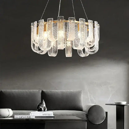 A modern ceiling chandelier with clear textured glass panels and gold frame for living room decorbites dimmable led copper