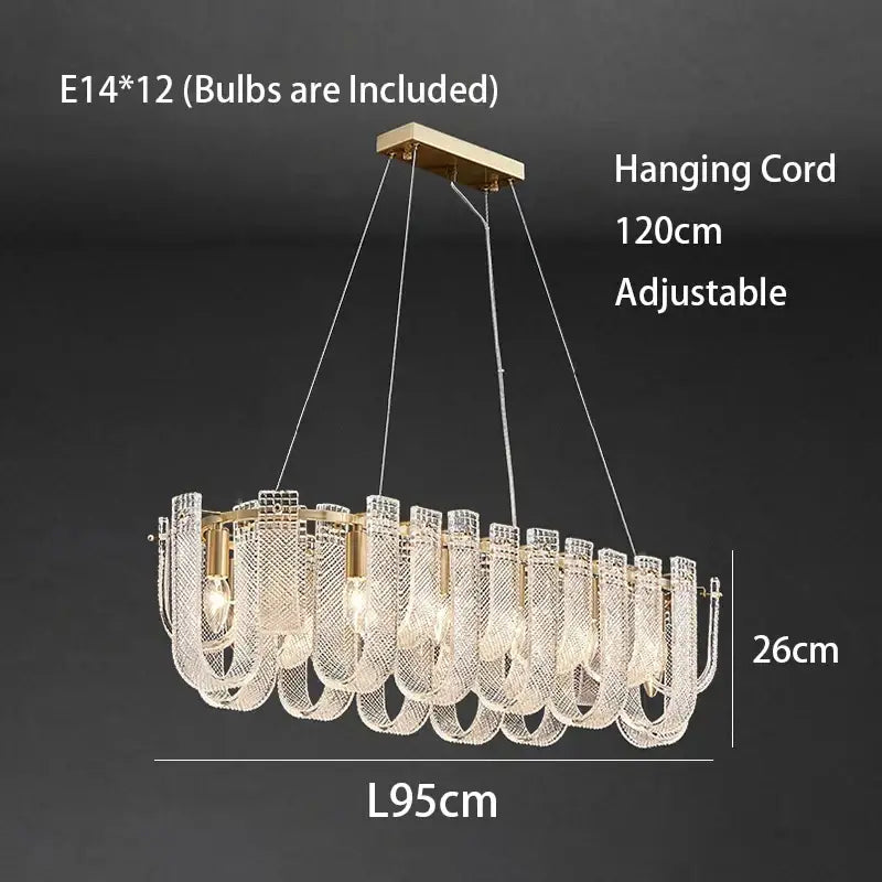 Modern layered clear glass and gold ceiling chandelier with elongated oval design and dimmable led copper e14 bulbs