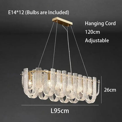 Modern layered clear glass and gold ceiling chandelier with elongated oval design and dimmable led copper e14 bulbs