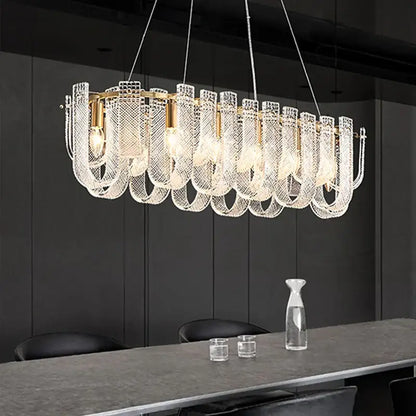 A modern rectangular ceiling chandelier with gold-toned frame and cascading clear crystal mesh shades for living room decorbites dimmable led