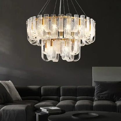 Modern layered clear glass and gold ceiling chandelier with textured shades and dimmable led copper accents for living room decor