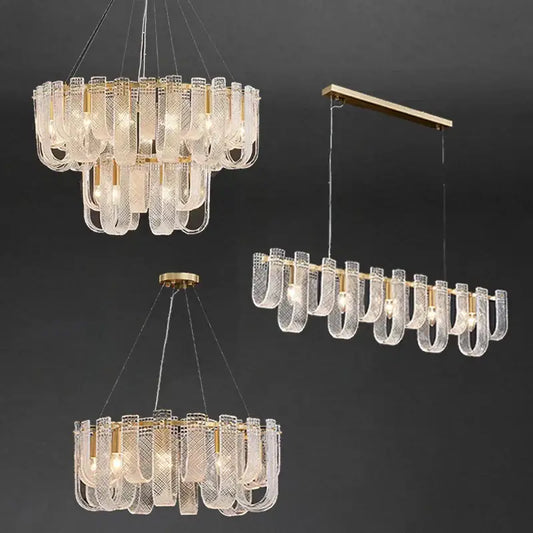 Modern layered clear glass and gold ceiling chandelier with dimmable led copper accents for living room decorbites dimmable led